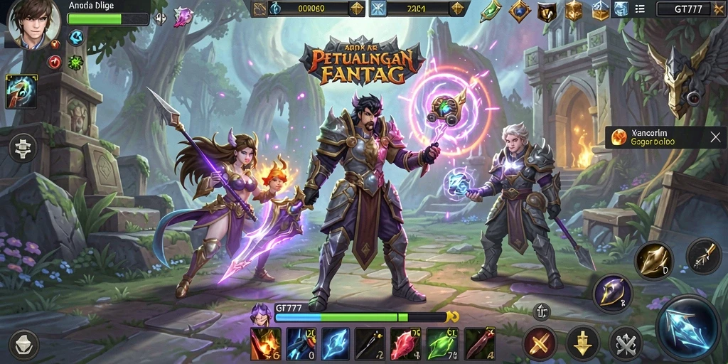 Tampilan gameplay GT777 dengan pertarungan seru dalam dunia ARPG.