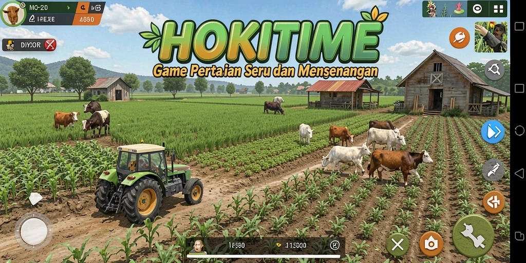 Tampilan screenshot game HOKITIME dengan berbagai aktivitas bertani.