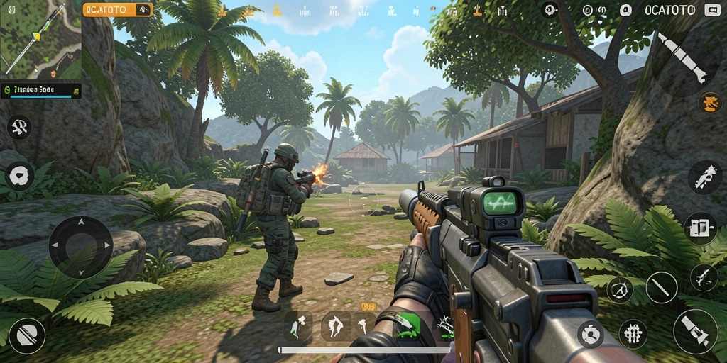 Tampilan gameplay seru dalam OCATOTO dengan aksi tembak-menembak yang mendebarkan.