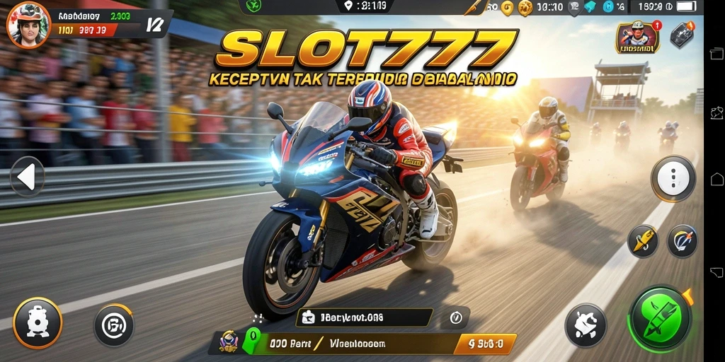 Screenshot permainan SLOT777 menunjukkan aksi balapan motor yang seru.